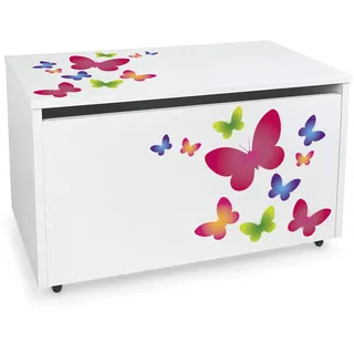 Leomark Spielzeugkiste aus Holzwerkstoff, 91 L, Sitzbank, Schmetterlinge | Maße 71x40x46 cm, Rollen, mit Absenkmechanismus, 18 mm Möbelplatte, Metallscharniere, Innenmaß 66x36x38 cm, Selbstmontage