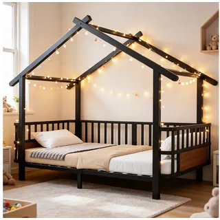 Flieks Kinderbett, Metallbett in Hausform 90x200cm mit Sicherheitsgitter und Lattenrost schwarz