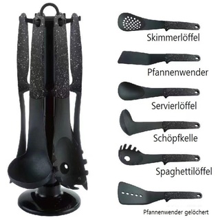 KESSMANN Küchenorganizer-Set 7 teilig Kochbesteck schwarz Löffel Wender Kelle Heber Küchenhelfer, (Set, 7-tlg., Küchen Besteckset Utensilien Organizer Antihaft Servierlöffel Kochen), 2 Pfannenwender Spaghettilöffel Schöpflöffel Skimerlöffel Ständer schwarz