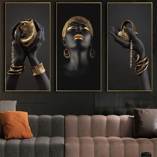 JLCZBT 3er Set Abstrakte Schwarz Gold Bilder Afrikanische Frauen Leinwand Bilder Schwarze Frauen Poster Wandkunst Bild Rahmenloses (40×80cm)
