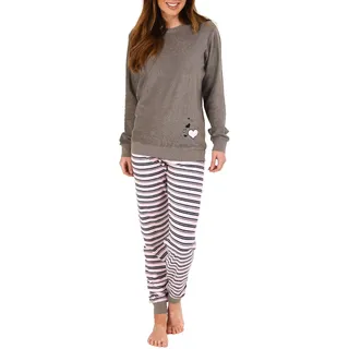 Eleganter Damen Frottee Pyjama Schlafanzug mit Bündchen und Herz Motiv - 291 201 13 570, Farbe:grau, Größe:48/50 - 48-50
