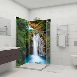 dedeco 2tlg. Eck-Duschrückwand Wasserfall V20 100x200cm Alu 3mm classic | Wasserfeste Duschrückwand, Alu-Verbundplatte classic – fugenlos, pflegeleicht, Fliesenersatz, Made in Germany