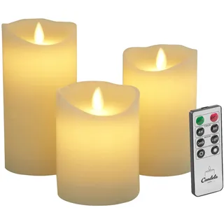Candela Lights LED Kerzen 3er Set Stumpenkerze creme Echtwachs mit Fernbedienung Timer Funktion & mehrstufig dimmbar bewegliche Flamme Echtwachskerzen