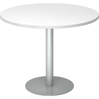 bümö Besprechungstisch, Esstisch klein, Tisch rund 100 cm - kleiner Esstisch weiß, Rundtisch Esstisch 2 Personen mit Holz-Platte, Säule aus Metall in