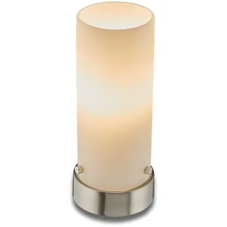 KHG Tischlampe Zylinderlampe, Lampenschirm aus Glas satiniert, Nachttischlampe mit hochwertigem Metallfuß, E14 Fassung ohne Leuchtmittel, Lampe mit Kippschalter, Moderne Tischleuchte