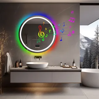 WISFOR LED Badspiegel Rund mit Bluetooth Lautsprecher, 80cm RGB Wandspiegel Badezimmerspiegel mit Beleuchtung dimmbar Beschlagfrei Touchschalter - Silber
