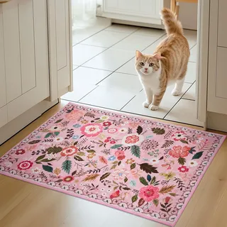 Fussmatte Innen, Kleiner Matte Blumenmuster Ultradünner, 66x100cm, Rosa