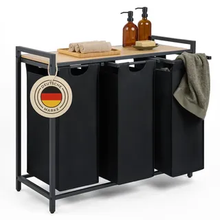Blumtal Wäschesammler 3 Fächer Schwarz - Wäschekorb mit Ablage in Bambus-Optik - Wäscheschrank mit Metall-Rahmen in Schwarz - Wäschekorb mit Beinen - Wäschesortierer 3 Fächer/Schmutzwäschebehälter