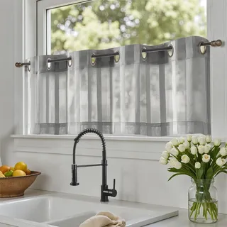 TOPICK Voile Scheibengardinen mit Ösen Bistrogardine H35xB130 1er Set Grau | Bistrogardine Transparent Landhaus Streifen Küchenvorhang Gestreift Küchengardinen Paarig für Badezimmer Klein Fenster Dekor