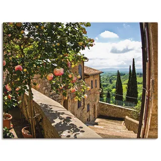 ARTLAND Wanddeko Leinwand Bilder Wandbild Fensterblick Toskana Landschaft Garten Rosen Balkon Natur T4QS