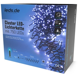 leds.de LED-Cluster Lichterkette blau, 750 LEDs, 7,5m I Weihnachtsbeleuchtung für außen I Umweltfreundliche Weihnachtsbaum Lichterkette I Büschellichterkette