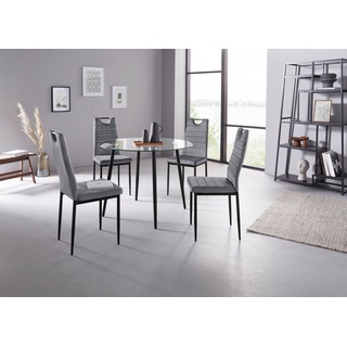 INOSIGN Essgruppe, (Set, 5-tlg), runder Glastisch, Ø 100 cm und 4 Esszimmerstühlen, Bezug aus Samtstoff grau