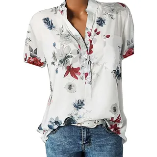 MeiLyviba Damen Bluse Kurzarm Damenblusen Hemdbluse Oberteile Tshirt T Shirt Tops Bunte Blumenmuster Druck V-Ausschnitte Elegant Tunika Lose Knöpfe mit Kragen Kurz Ärmel Sommershirts Mode Lose