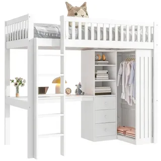 REDOM Hochbett Funktionsbett,Einzelbett,Jugendbett,Kinderbett (Hochbett,mit Schreibtisch & Kleiderschrank Inkl. Stauraum, Geländer und Treppe) ohne Matratze