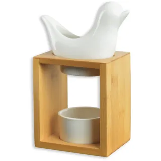 Zen'Arôme - Duftlampe Birdy Weiß - Duftwachs-Brenner - Diffuser für Ätherische Öle und Raumdüfte - Kerzenhalter Aromatherapie - Dekorativer Teelichthalter aus Holz und Keramik - Höhe: 16,5 cm