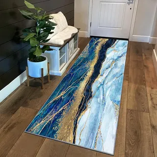 Siunwdiy Teppich Läufer Flur Küche rutschfest Waschbar Küchenläufer Lang Marmormuster60x120cm Blaues Gold Korridor Teppich Läufer Küchenteppich Flurteppich Meterware Anpassbar
