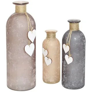 Dekoleidenschaft 3er Set Deko-Vase "Flasche" aus satiniertem Glas, mit kleinen Holz-Herzen, Glasvase in Grau- und Erdtönen, Vasenset, - Silber