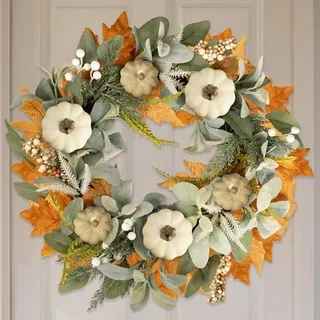 Herbstkranz Ahornblätter Kürbisse Halloween Haustür Weiß 1 45cm 18in