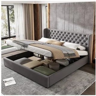 Odikalo Polsterbett Doppelbett mit Bettkasten & Lattenrost Mehrfarbig (140x200 160x200 180x200 180x190 Polsterbett Ohrenform Samtstoff Große Knopfnähte Doppelbett, Hydraulisches Funktionsbett mit Lattenrost und Stauraum, Bettunterseite ist mit einem schmutzabweisenden schwarzen Vliesstoff) grau 160 cm x 200 cm