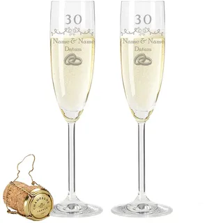 GRAVURZEILE Leonardo Sektgläser mit Gravur - Perlenhochzeit 30 Jahre - Personalisiert mit Namen & Datum inkl. Holzkiste - Geschenk zur Hochzeit Verlobung Jahrestag - Farbe: Sekt