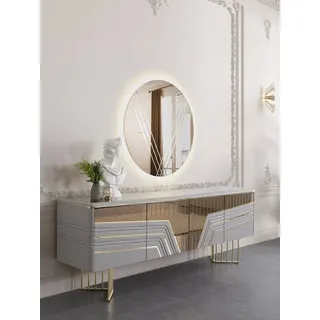 JVmoebel Esszimmer-Set Rundspiegel mit LED-Beleuchtung und Sideboard in Silber, (2-St., 1x Sideboard + 1x Spiegel), Made in Europa silberfarben