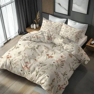 Bettwäsche 220x240 Blumen Wende Motiv 3tlg, Schlafzimmer Deko, Landhaus Botanisch Blumenmuster Wildblumen Bettbezug und 2 Kissenbezüge 80x80, Weiche Mikrofaser Deckenbezug mit Reißverschluss -b249