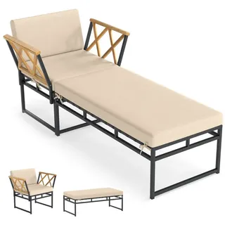 COSTWAY Gartenliege, Sonnenliege 2in1 Design mit Kissen Akazienholz Liegestuhl weiß