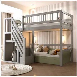 Odikalo Kinderbett Hochbett Massivholzbett Bettgestell 90x200 140x200 mit Stauraum (Massivholzbett 90x200, 140x200, Treppe mit Aufbewahrungsschrank, Kinderbett, Jugendbett, Einzelbett, Massivholzrahmen, hohe Ausführung, grau) grau 90 cm x 200 cm
