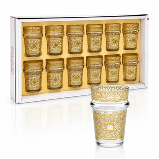 Saharashop 12er Set Teegläser 2 Modelle Najma Bunt Multi und Gold, Cay, Atay Gläser Marokko, Orientalische Teegläser Goldverzierung (12 Teegläser Set Gold Najma)