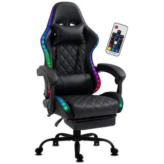 Delman Gaming-Stuhl Bürostuhl Gaming Stuhl mit LED, RGB Beleuchtung, Drehstuhl, Dicke Polsterung, Metallfußkreuz, Fußstütze 02-0055 (Schwarz)