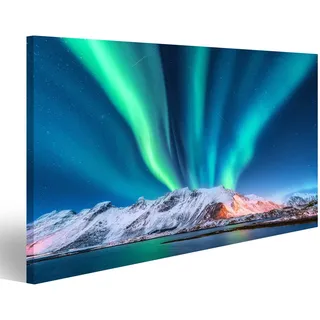 islandburner Bild Bilder auf Leinwand Nordlicht. Lofoten Inseln, Norwegen. Aurora.Grüne Nordlichter. Sternenhimmel mit Polarlichtern. Nach Wandbild, Poster, Leinwandbild JTS