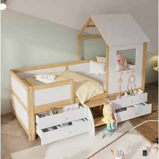 Kinder-hochbett Haus 90x200 Cm Mit 4 Schubladen, Treppe Und Dach, Weiß/natur Havrya