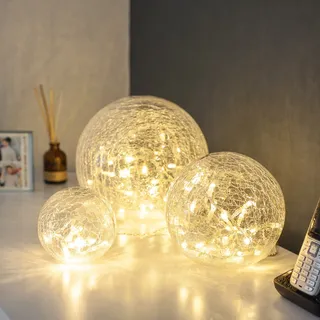 Lights4fun 3er Set Glaskugeln mit Lichterkette | warmweiße LEDs | batteriebetrieben | Leuchtkugel Herbst Winter | Kugelleuchte Fensterbank Glaskugel Fensterdeko | für innen