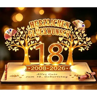 Giftota - 2026 Originelle Geldgeschenk zum 18. Geburtstag Mädchen & Jungen - 18 Geburtstaggeschenk - DIY Holz-Schild Gästebuch mit LED Lichterkette - 18 Geburtstag Deko - Personalisierbares Geschenk