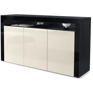 Vladon Sideboard Valencia (Schrank, mit 3 Türen und 1 offenem Fach), Schwarz / Creme Hochglanz/ (155 x 92 x 40 cm) gelb