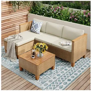 PHI VILLA Gartenlounge-Set, (1 Chaiselongue, 1 Zweisitzer-Sofa und 1 Kleiner Couchtisch, PE Rattan Lounge Möbel Outdoor), 4 Personen Terassenmöbel Außen Gartensofa weiß