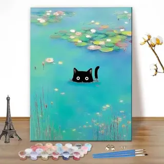 MEIYUDA Malen Nach Zahlen Erwachsene Lustige Katze, See Paint by Numbers Bastelset Malen Nach Zahlen, DIY Set mit Pinseln Acrylfarben Handgemal