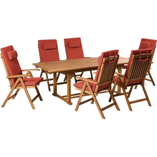 BELIANI Gartenmöbel Set Braun Akazienholz 6-Sitzer Auflagen Rot Ausziehbarer Rechteckiger Tisch Rustikal Landhaus Stil Outdoor - Braun/Rot