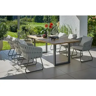 Sunfun Maja Gartenmöbel-Set  (8 -tlg., Teak/Edelstahl/Seilgeflecht, Teak/Grau/Beige, Schweizer-Kante/U-Gestell)