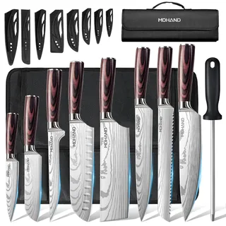 MDHAND Küchenmesser Set,8-teiliges professionelles Messerset mit Rolltasche, Extrem Scharf Profi Kochmesser Set mit Ergonomischen Pakkaholz Griffen für Haus und Restaurant