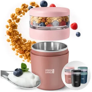 Lebenlang Aufbewahrungsbecher Müslibecher, Isolierende Edelstahlinnenwand, ToGo mit Löffel & 650ml, Edelstahl/Kunststoff, (500ml Becher, 150ml Aufsatz, Drehvershluss, faltbarer Löffel), Auslaufsicher & Perfekt für Schule, Kita, Büro oder Uni rosa
