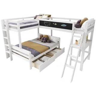 BlingBin Kinderbett Kinderhochbett, Etagenbett, 140x200 cm,90x200 cm, weiß (1er Set, 1-tlg., Kinderbett mit Schreibtisch und Regal), Im Kinderbett können drei Kinder schlafen, Hat Aufbewahrungsschubladen weiß