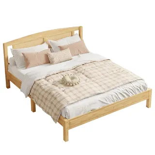 MODFU Doppelbett 160x200 Kiefer PE-Rattan Holzbett Bettgestell Lattenrost Mittelfuß Rattan Kopfteil Rattankissen Schlafzimmer Natur