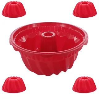 Coolinato 5er Set Silikon Gugelhupfformen rund, Rot, 1x groß 4x klein, Silikonformen zum Backen von großen und kleinen Gugelhupf Kuchen, inkl. 4 Rezepten