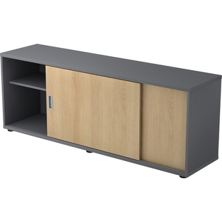 bümö Lowboard mit Schiebetür, Sideboard Graphit/Eiche - Büromöbel Sideboard Holz 160cm breit, 40cm schmal, Büro Schrank für Flur oder als