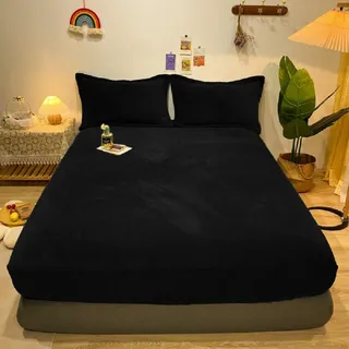 Warme Winter Spannbettlaken Bettlaken Fleece 140x200 Schwarz Flausch Cashmere Touch Teddy Plüsch Flanell Kuschelige Flauschige Bett Spannbetttuch Weich für Boxspringbetten Topper 30 cm Hohe Matratzen
