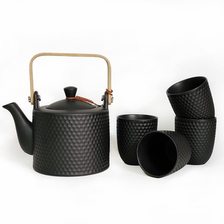 KOPYFANTAP Teekanne Keramik Schwarz, Porzellan Teekanne mit Sieb 900ml mit 4 Teetassen 180ml für Losen Tee,Modern Teeservice aus Hitzebeständiger Keramik und Bambus
