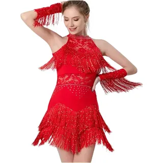 WWPMNQD Lateinische Tanzkleidung Frauen Strass Spitze Latin Kleid Fransen Rock Ballsaal Salsa Samba Rumba Dancewear Party Bühne Kleidung Anzug und Armband(Red,M)