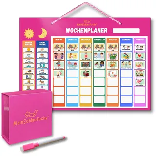 MeinSchlaufuchs® Wochenplaner Kinder - Montessori Magnettafel inkl. 250 Magnete, Aufbewahrungsbox, Kordel & Stift - 2-in-1 Wochenplan & Routineplan - Morgenroutine & Abendroutine für Kinder (Pink)