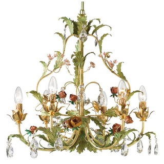 Casa Padrino Luxus Jugendstil Kronleuchter Blumen & Rosen Grün / Mehrfarbig / Gold Ø 60 x H. 60 cm - Barock & Jugendstil Wohnzimmer Kronleuchter
